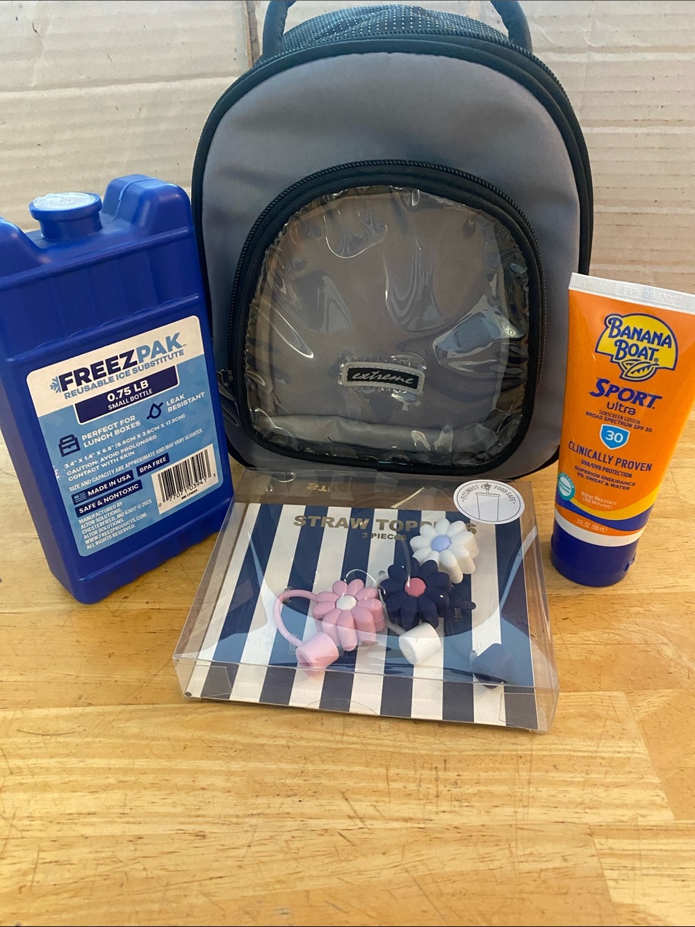 Lunch bag bundle. Insulated bag with NWT sunscreen, straw toppers & freeze pak